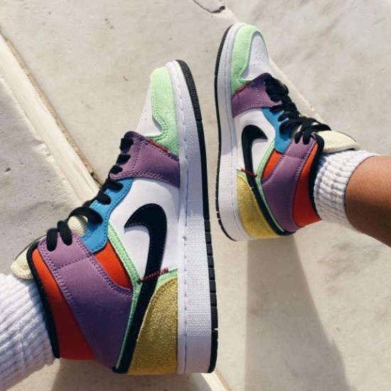 Air Jordan 1 Mid SE Multicolor Weiß/Schwarz/Lightbulb/Team Ora CW1140 100 AJ1 Sneakers