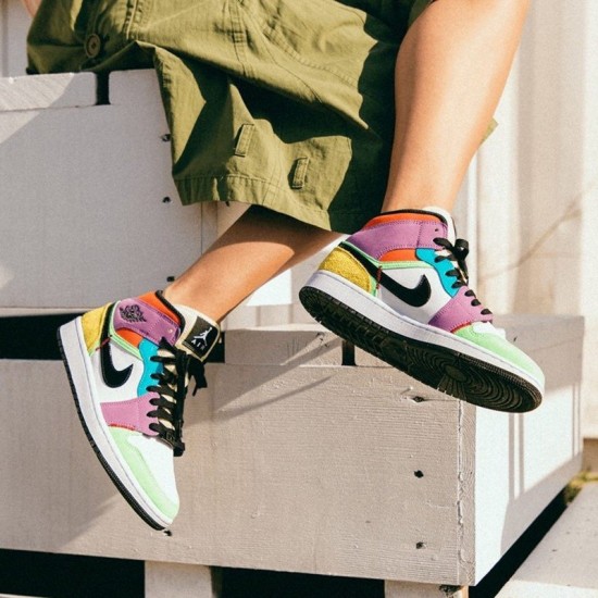 Air Jordan 1 Mid SE Multicolor Weiß/Schwarz/Lightbulb/Team Ora CW1140 100 AJ1 Sneakers